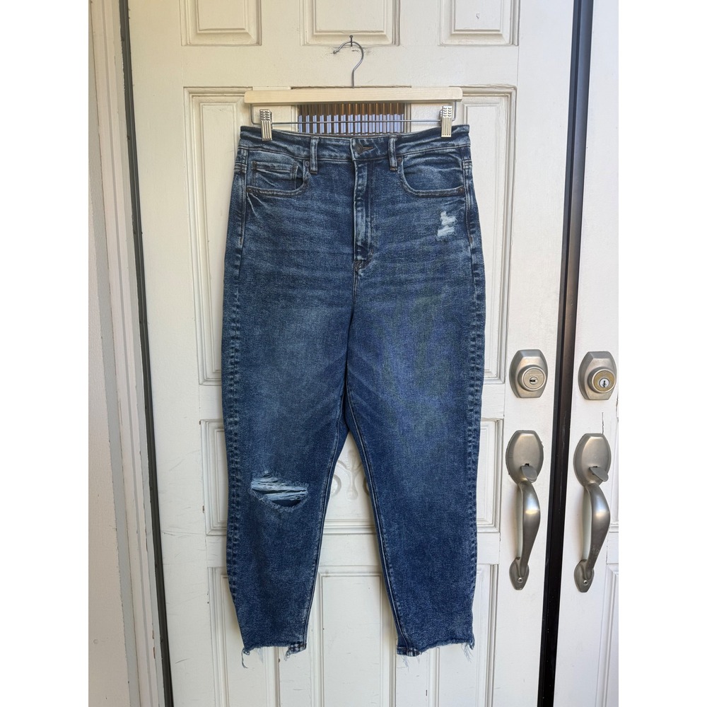 American Eagle Highest Rise Mom Jeans Short Dark Distressed Frayed Hem Size 10S